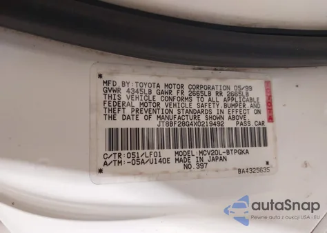 1999 Lexus Es 300 z USA, uszkodzony, nr VIN JT8BF28G4X0219492